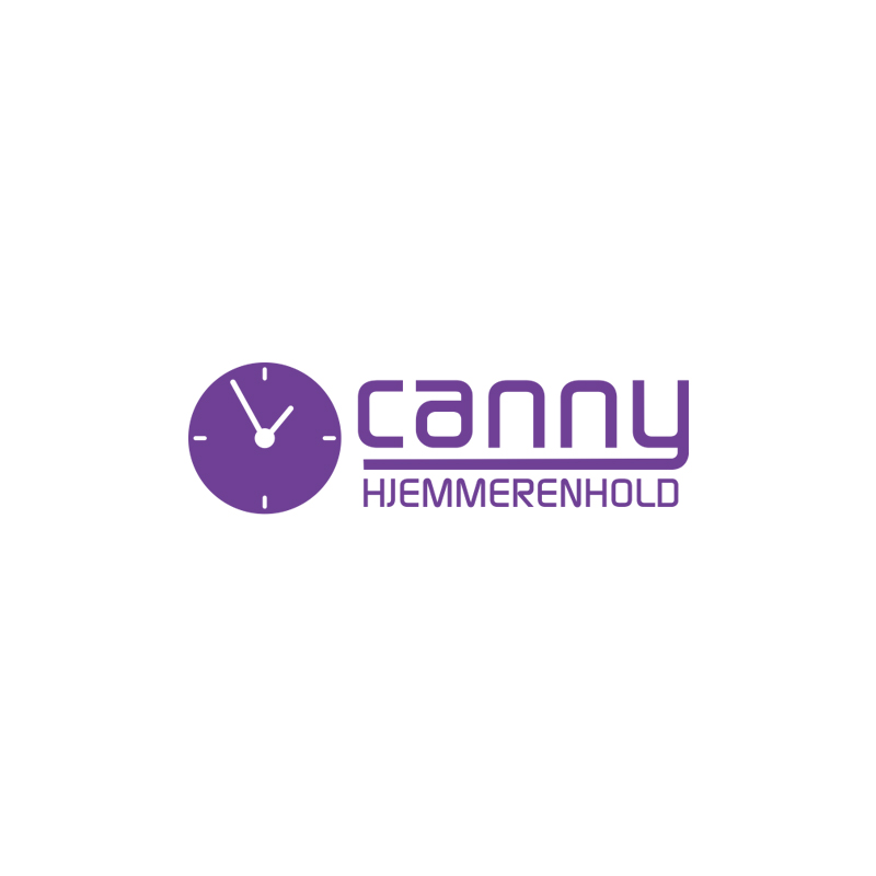 Canny Hemunderhåll skrivet i lila. En lila klocka med vita visare på vänster sida. Logotyp.